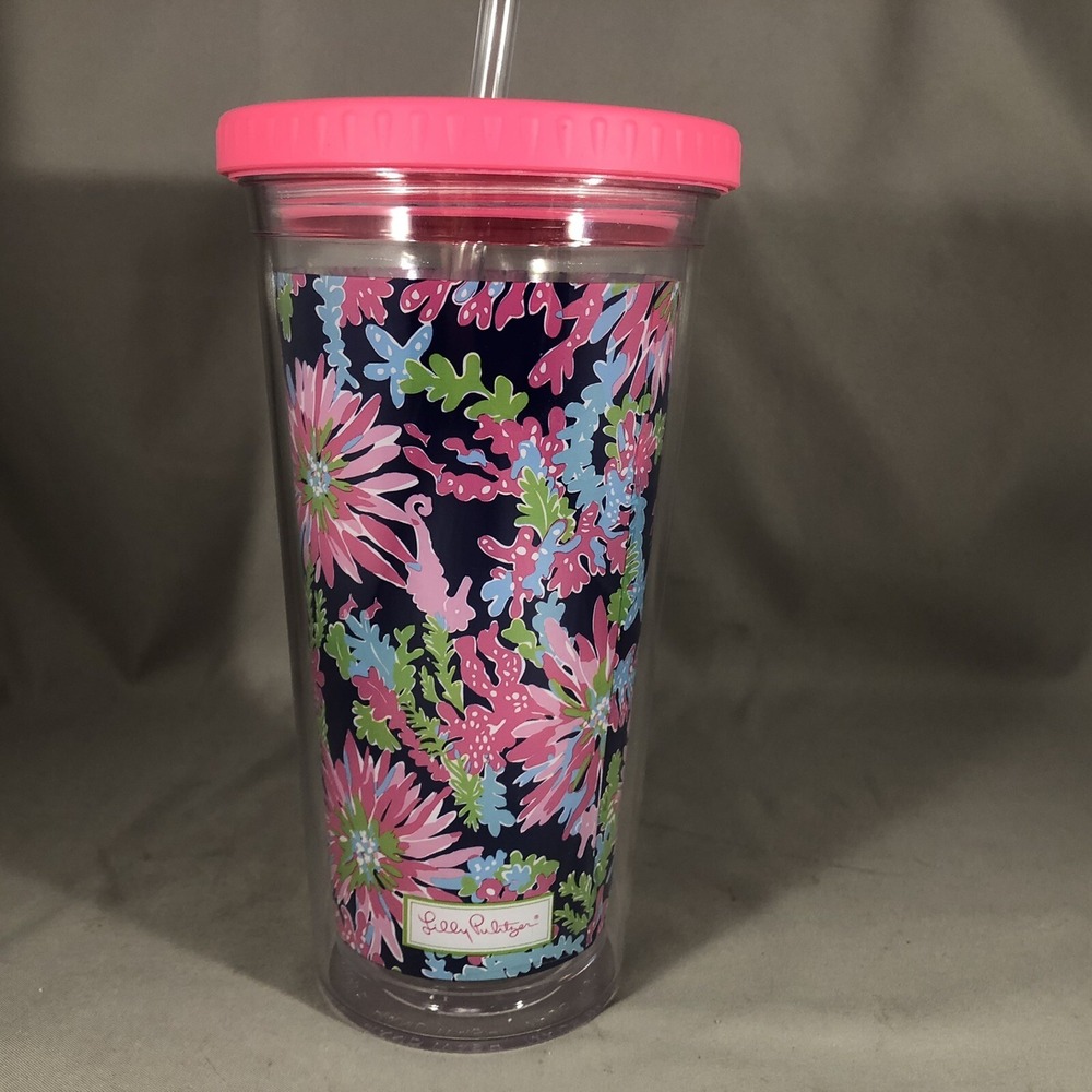 Lilly pulitzer Pink Seahorse‎ Fish Coral Tumbler Cup With Straw 20oz